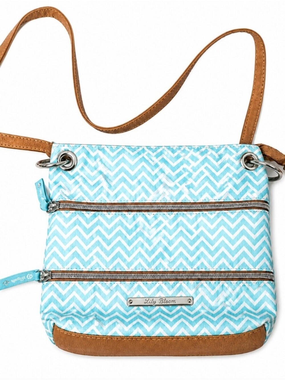 Lily Bloom Chevron Crossbody in Light Blue and Tan Trim